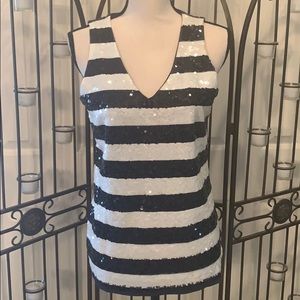 Navy/white sequined tank with navy knit back